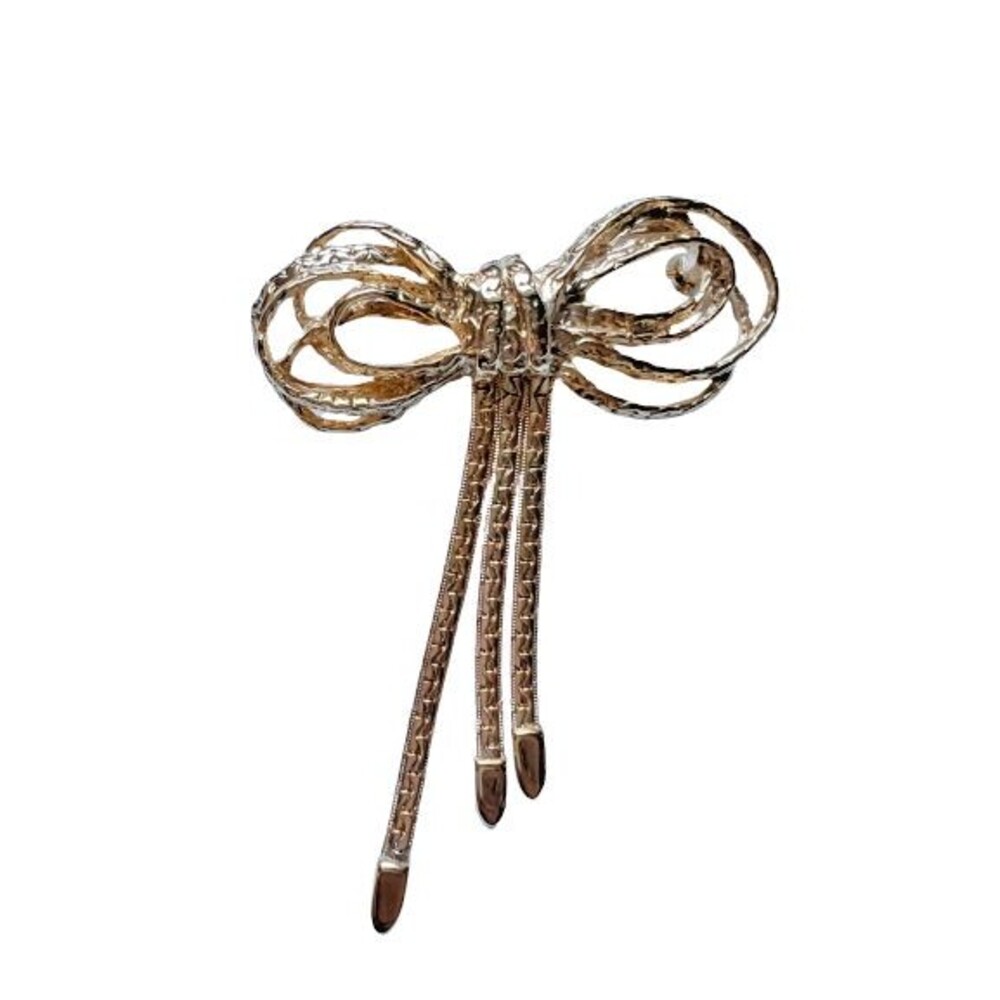 Brooch Pin Bow Gold Tone Chains Fashion Statement 3.5" L x 2.5" W Sturdy Solid